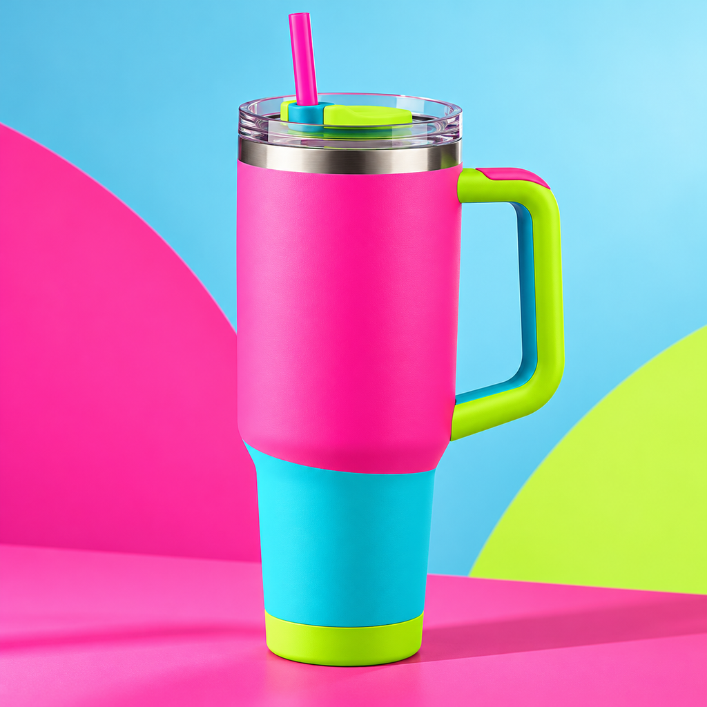 Neon Pink Colorblock Insulated Tumbler with Handle & Straw