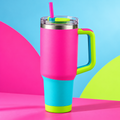 Neon Pink Colorblock Insulated Tumbler with Handle & Straw