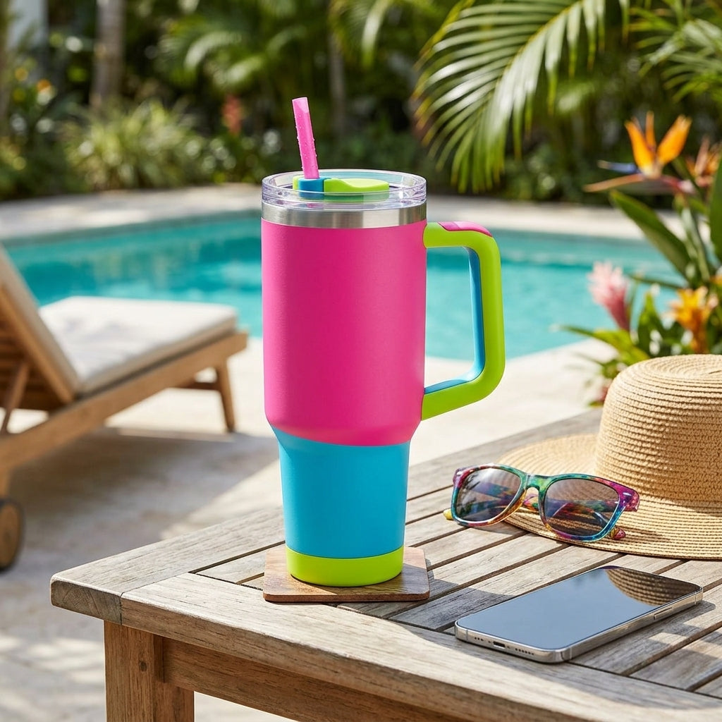 Neon Pink Colorblock Insulated Tumbler with Handle & Straw