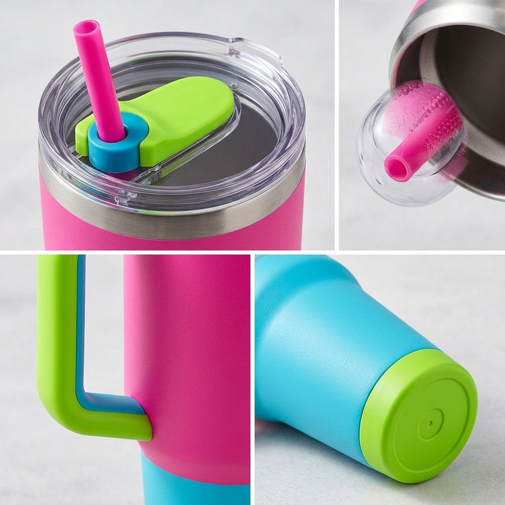 Neon Pink Colorblock Insulated Tumbler with Handle & Straw