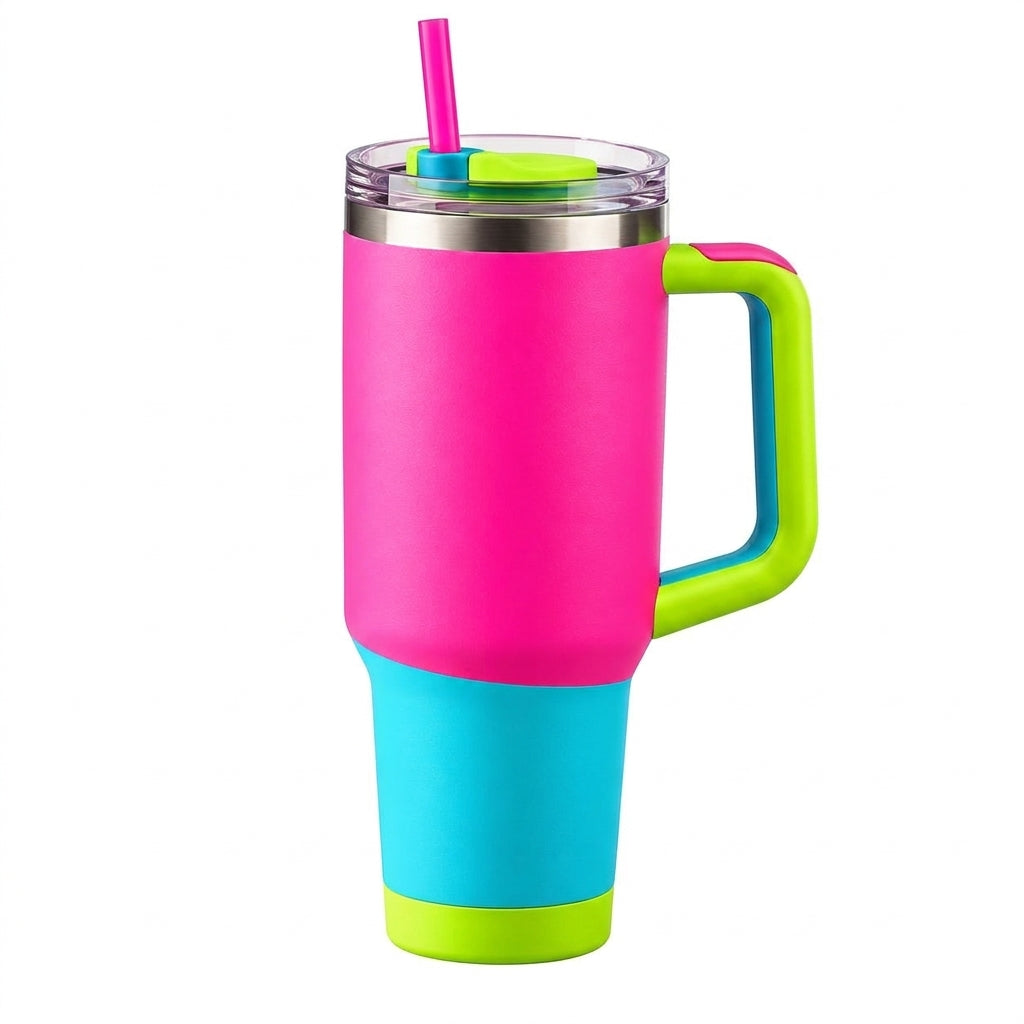 Neon Pink Colorblock Insulated Tumbler with Handle & Straw