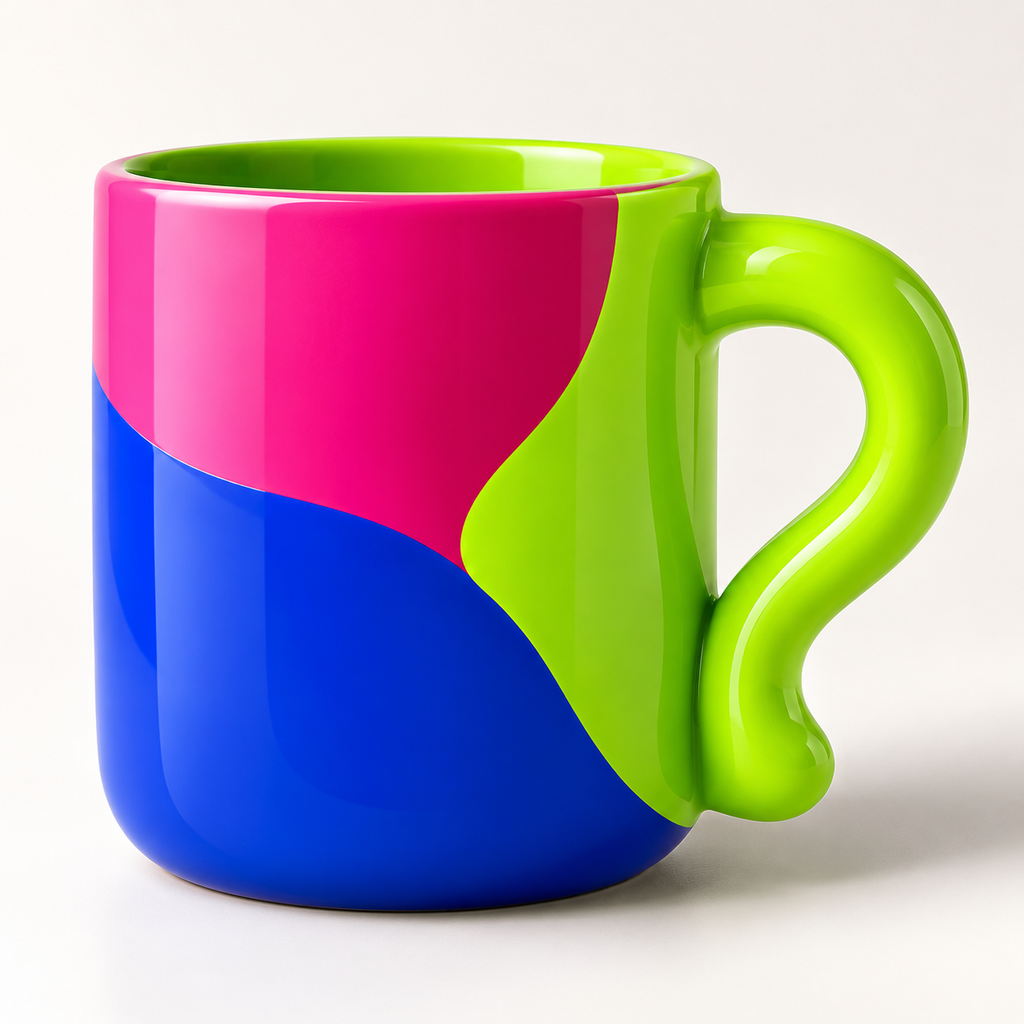 Neon Colorblock Ceramic Coffee Mug with Sculptural Handle