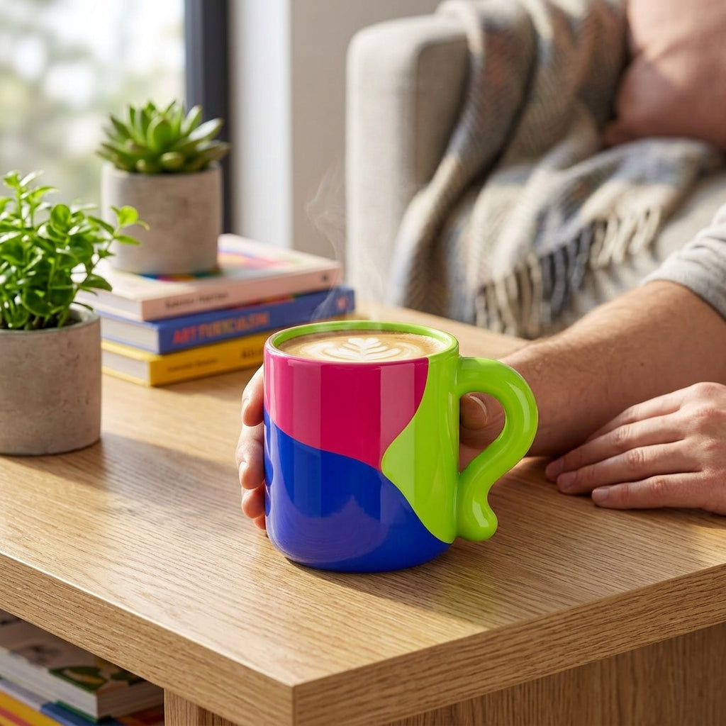 Neon Colorblock Ceramic Coffee Mug with Sculptural Handle
