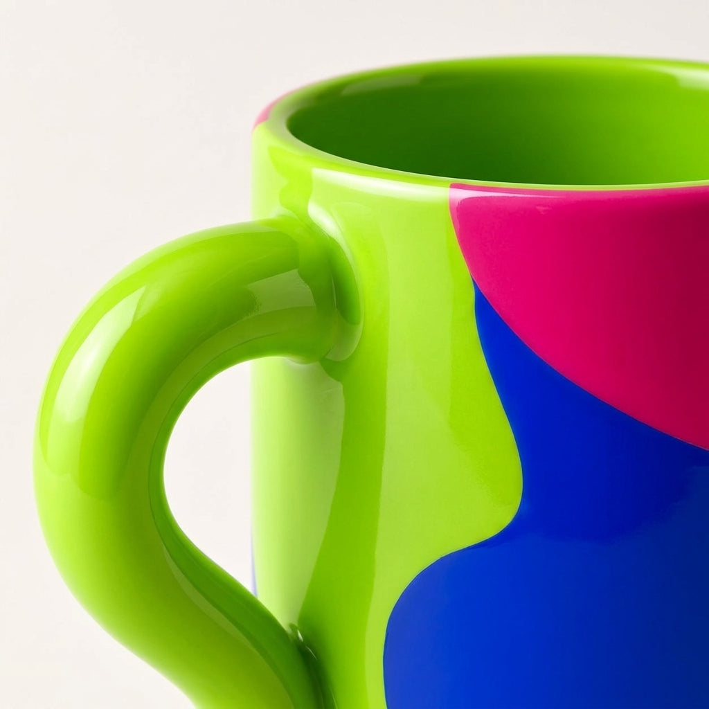 Neon Colorblock Ceramic Coffee Mug with Sculptural Handle