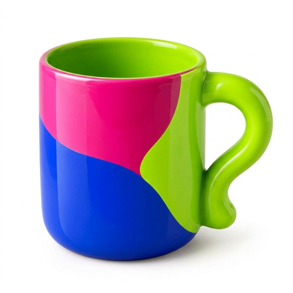 Neon Colorblock Ceramic Coffee Mug with Sculptural Handle