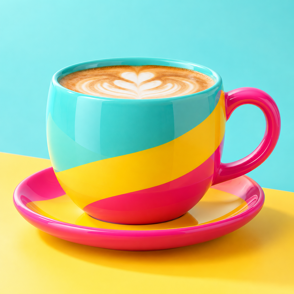 Neon Aqua & Pink Ceramic Latte Cup with Saucer