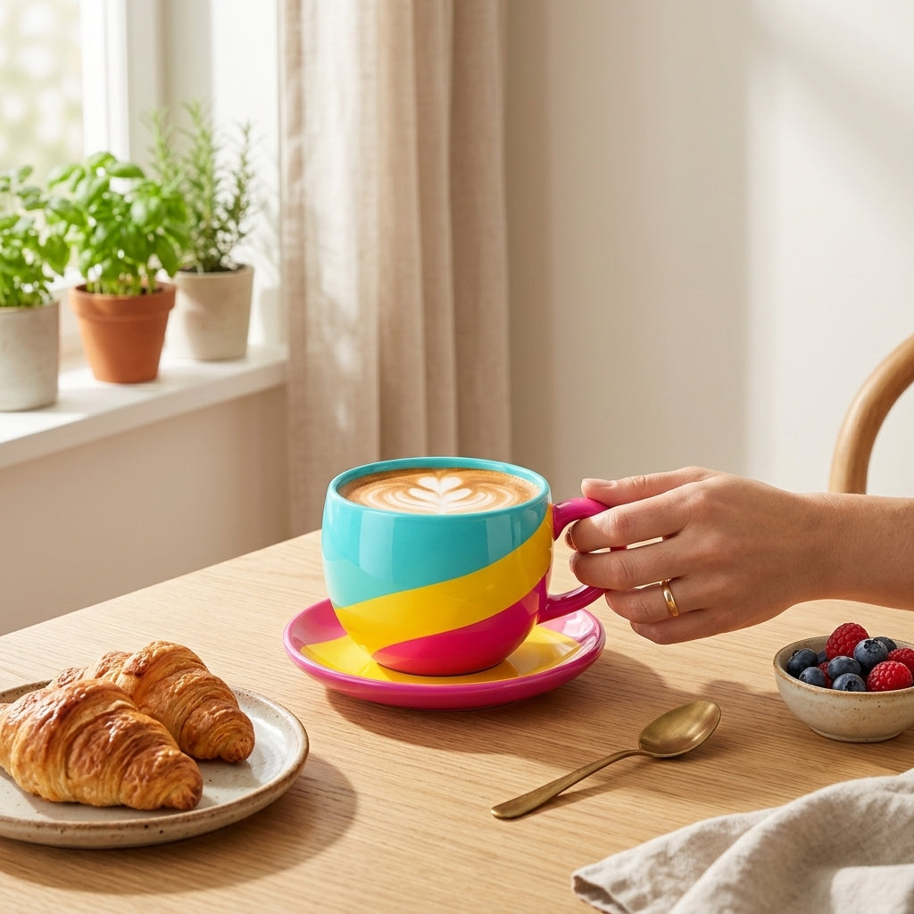 Neon Aqua & Pink Ceramic Latte Cup with Saucer
