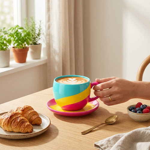 Neon Aqua & Pink Ceramic Latte Cup with Saucer