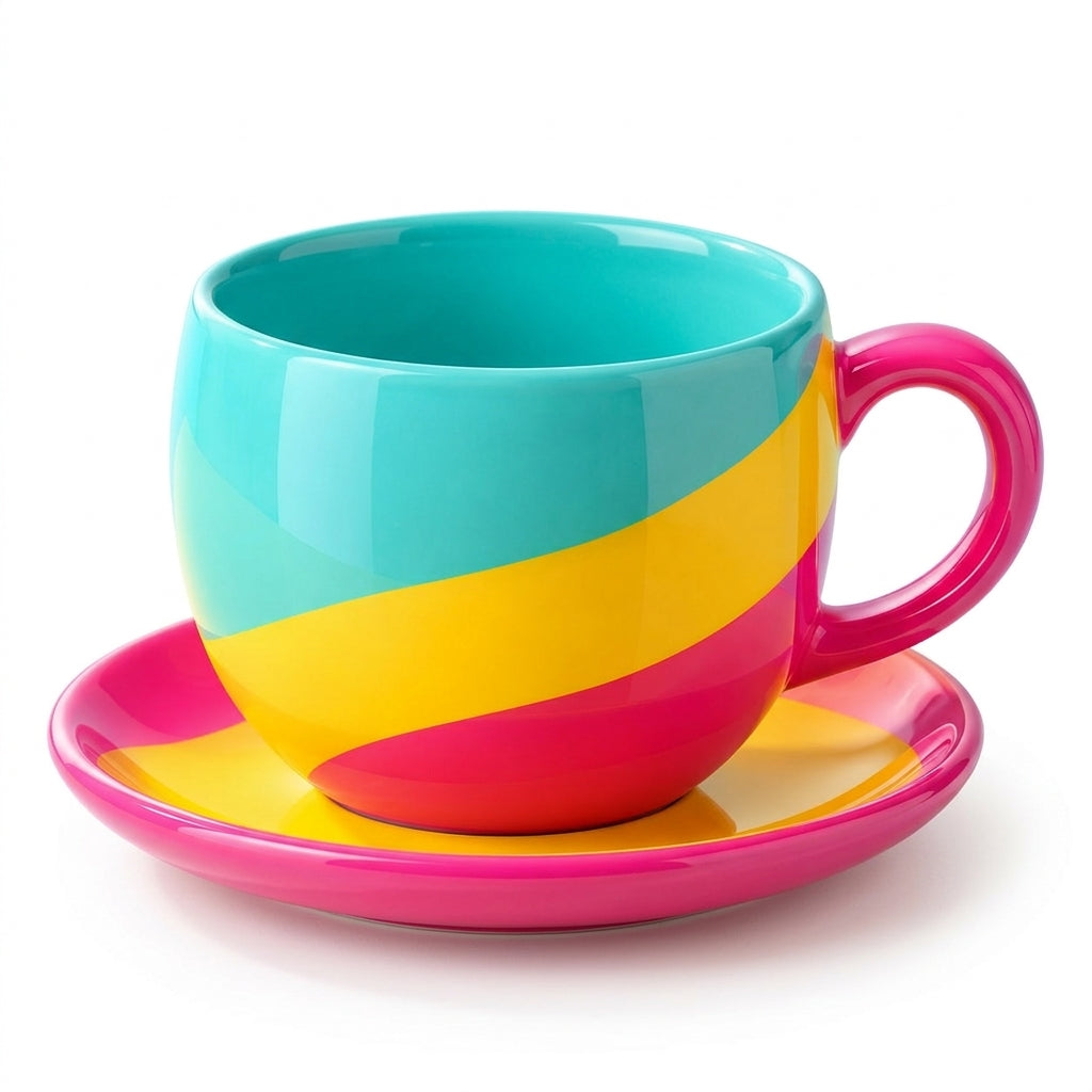 Neon Aqua & Pink Ceramic Latte Cup with Saucer