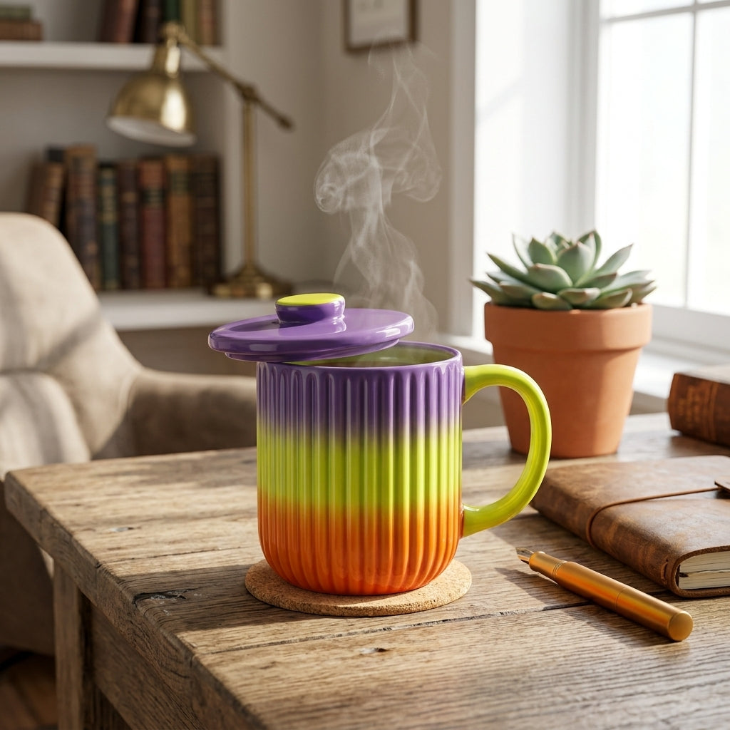 Neon Gradient Ribbed Ceramic Mug with Matching Lid