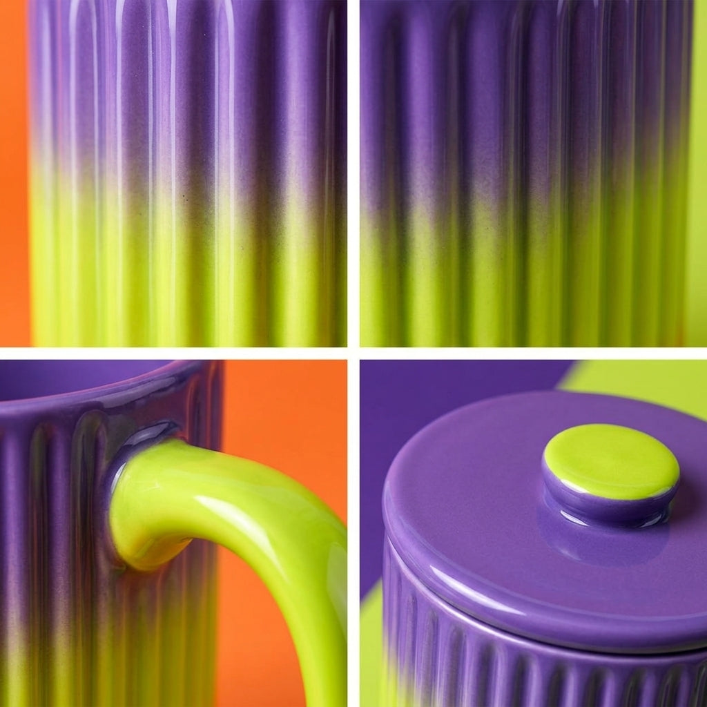 Neon Gradient Ribbed Ceramic Mug with Matching Lid