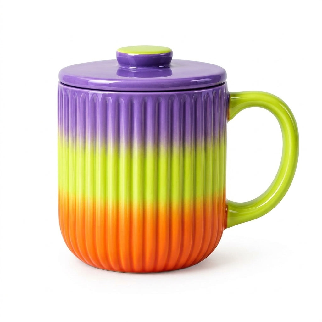 Neon Gradient Ribbed Ceramic Mug with Matching Lid