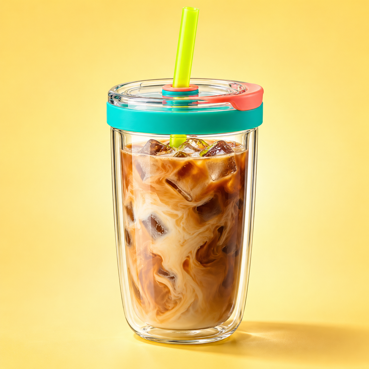 Clear Double-Wall Iced Coffee Cup with Neon Straw
