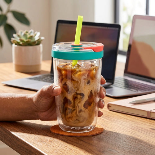 Clear Double-Wall Iced Coffee Cup with Neon Straw