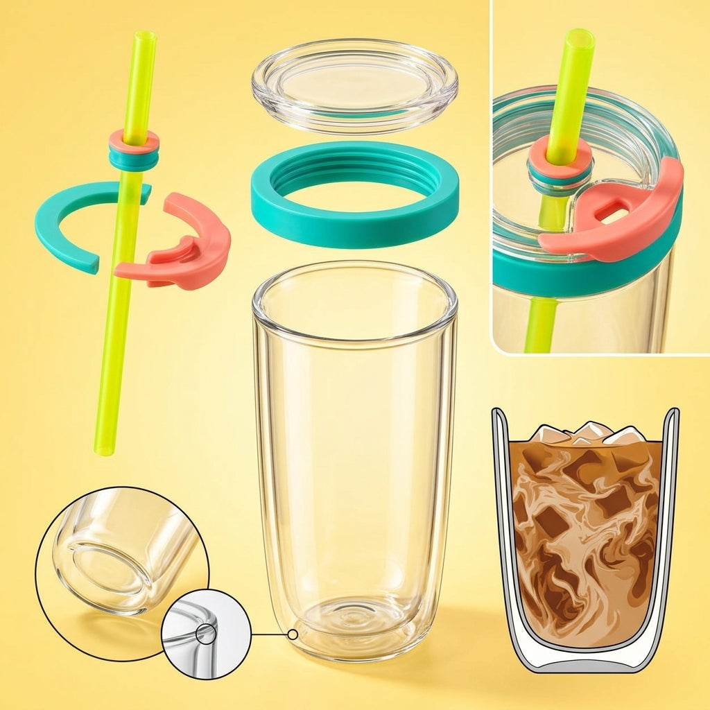 Clear Double-Wall Iced Coffee Cup with Neon Straw