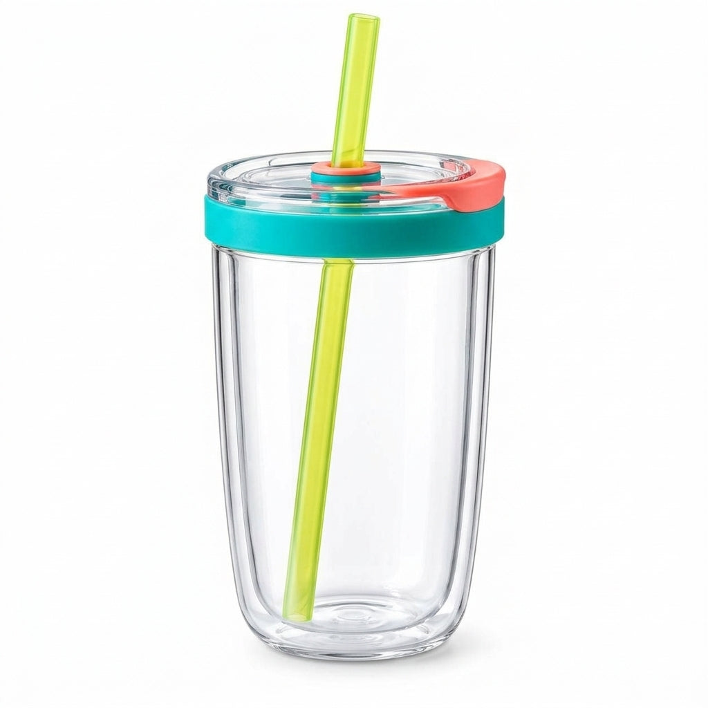 Clear Double-Wall Iced Coffee Cup with Neon Straw