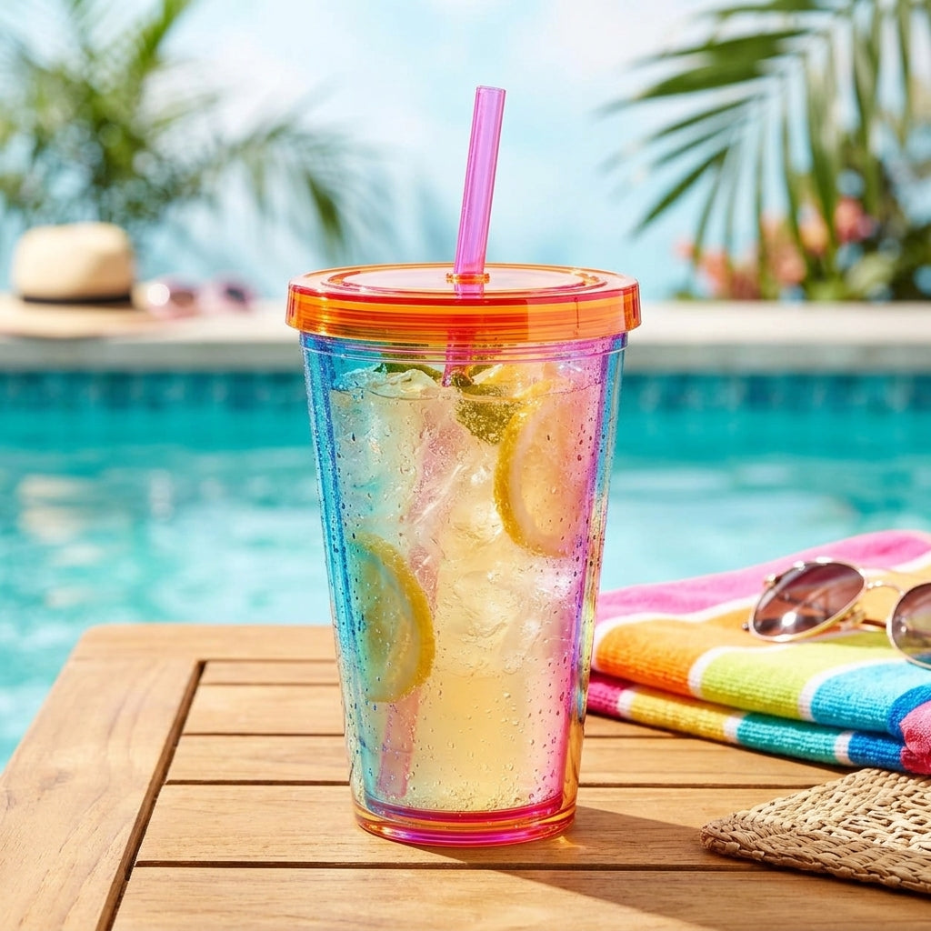Neon Iridescent Acrylic Cold Cup with Lid & Straw
