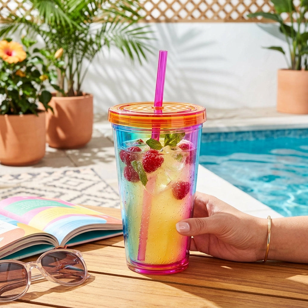 Neon Iridescent Acrylic Cold Cup with Lid & Straw