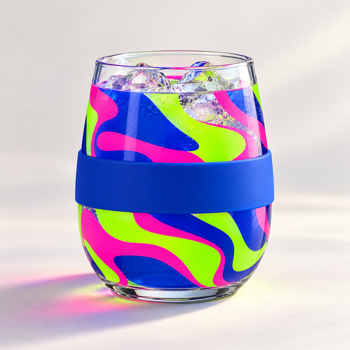 Neon Swirl Stemless Drinking Glass with Blue Grip