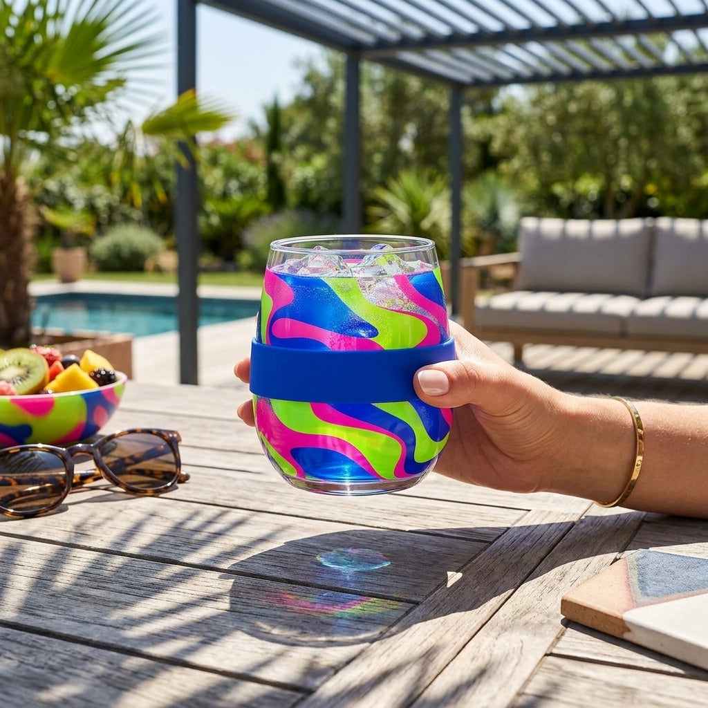 Neon Swirl Stemless Drinking Glass with Blue Grip