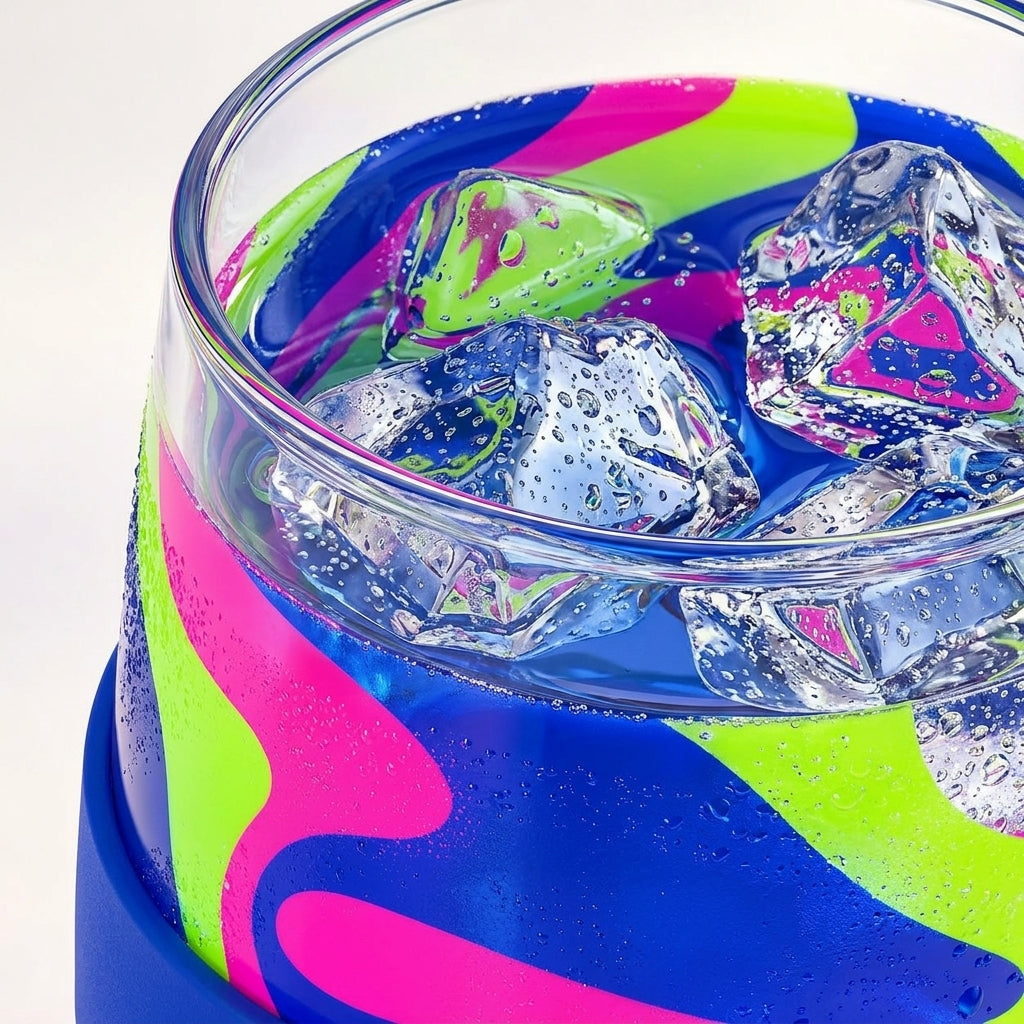 Neon Swirl Stemless Drinking Glass with Blue Grip