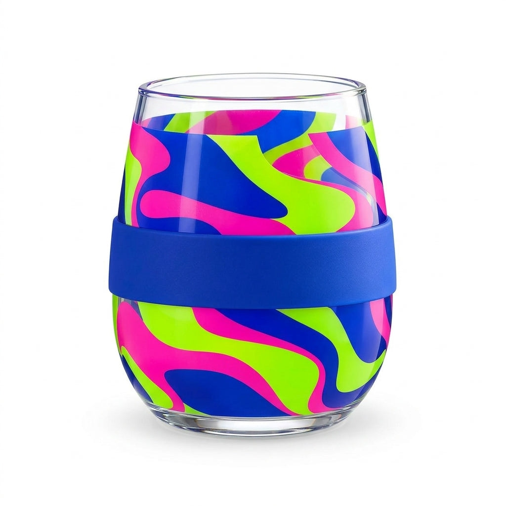 Neon Swirl Stemless Drinking Glass with Blue Grip